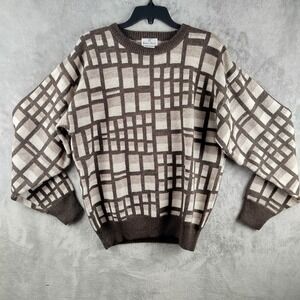 Neiman Marcus Knit 100% Merino Wool Brown Beige Geometric Sweater Mens Large